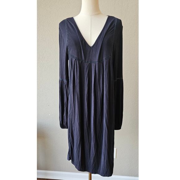 POL Long Sleeve V-Neck Crochet Trim Midi Shift Dress Navy Blue Womens Size Small - Picture 1 of 9